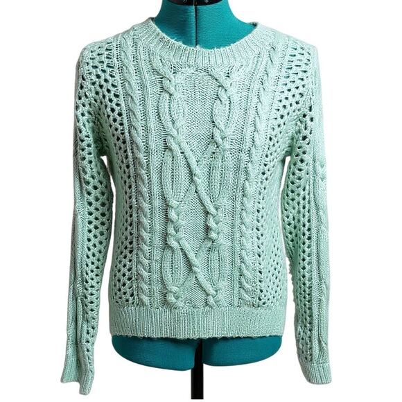 MM Couture Sage Green Cable Knit Open Weave Sweater Size M Soft Lightweight - Picture 2 of 7